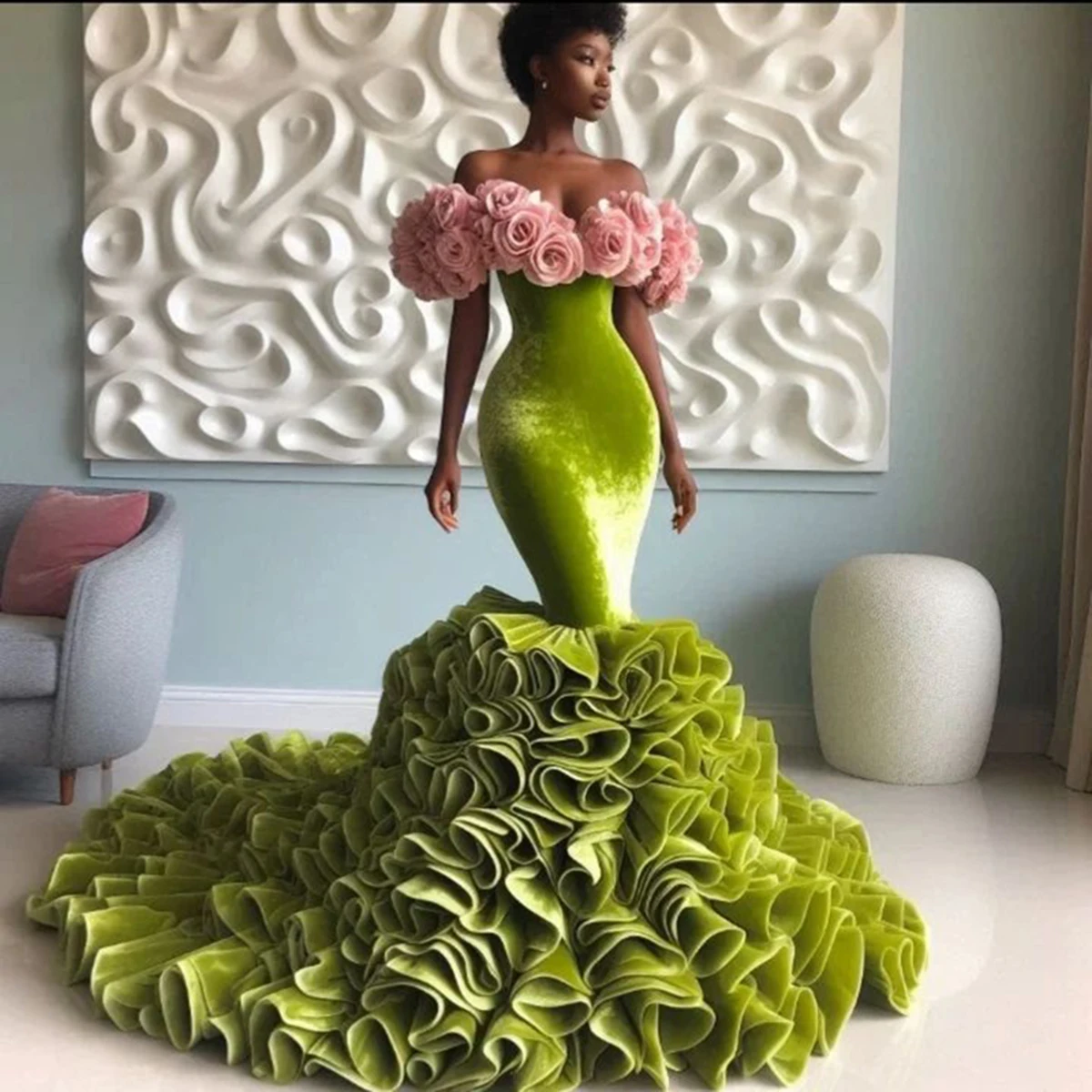 

Amazing Rose Prom Gown Pink Green Ruffles Evening Dress Mermaid Sweep Train African Women Formal Occasion Party Gowns Customized