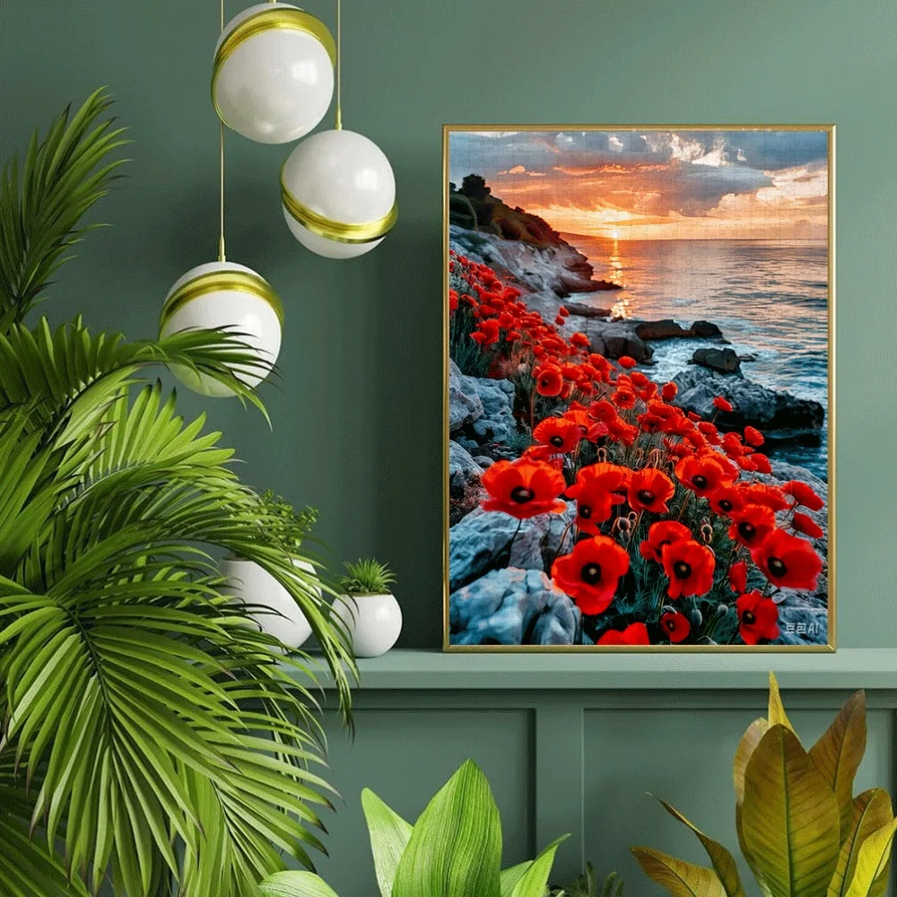 

1000pcs Coast Sunset Jigsaw Puzzle for Adults - Coastal Cliffs with Red Poppies, Ocean View - Challenging Puzzle for Adults &