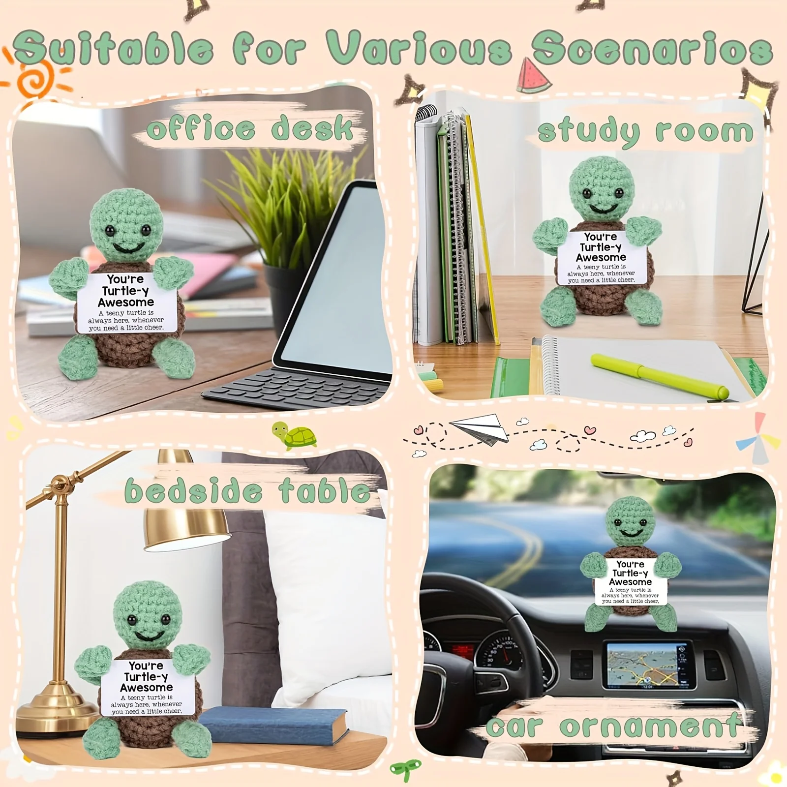 حيوانات كروشيه مصنوعة يدويًا أشياء لطيفة، هدايا ملهمة للنساء والرجال هدايا عيد ميلاد، سلحفاة تحفيزية عاطفية