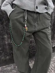 Original peacock turquoise American punk style pants chain retro retro cross jeans accessory