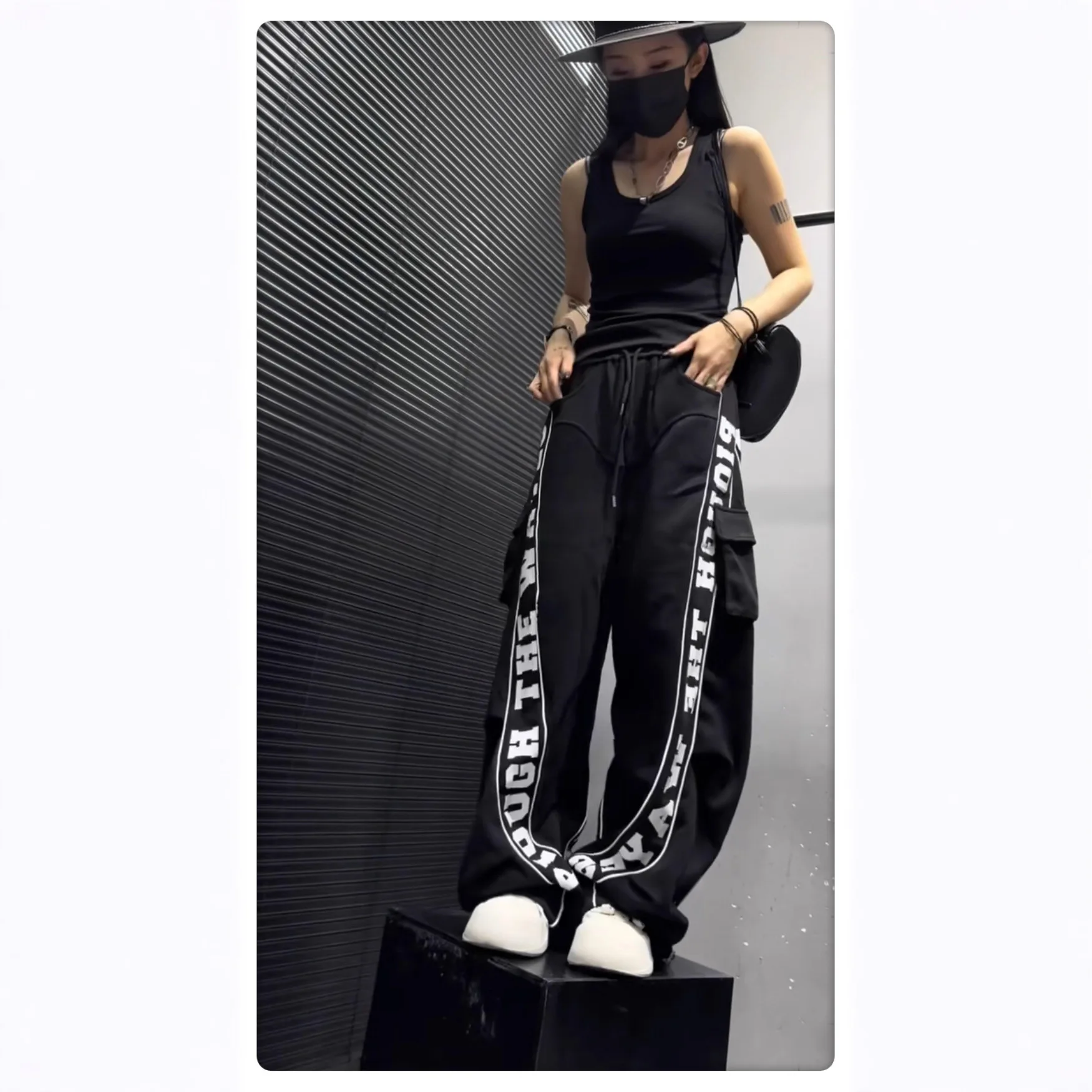 European Style Pants for Women 2025 Autumn New Personalized Letter Print Side Large Pocket Loose Long Pants Cargo Pants Women