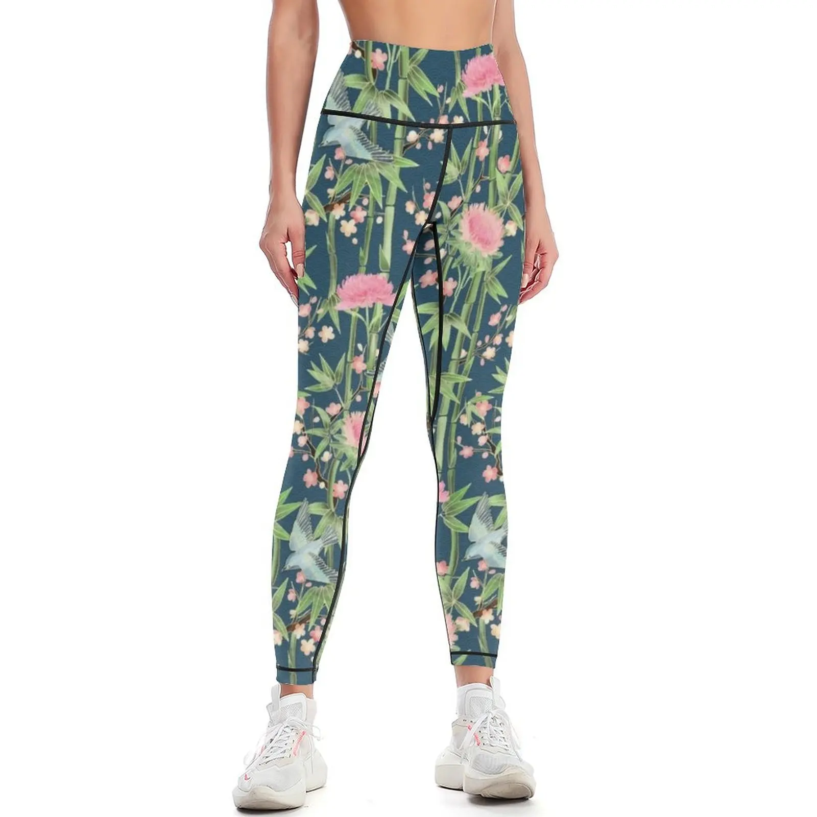 Bamboo, Birds and Blossom - dark teal Leggings Women's push up Women's sports pants sporty woman push up Womens Leggings