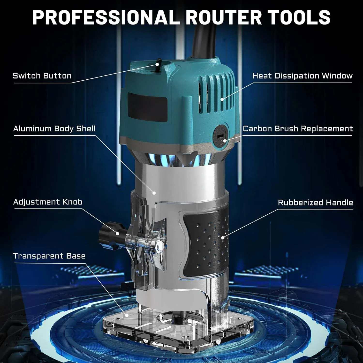 800W Wood Trim Router 30000RPM Electric Handheld Woodworking Milling Tool With Transparent Base And Guide Accessories