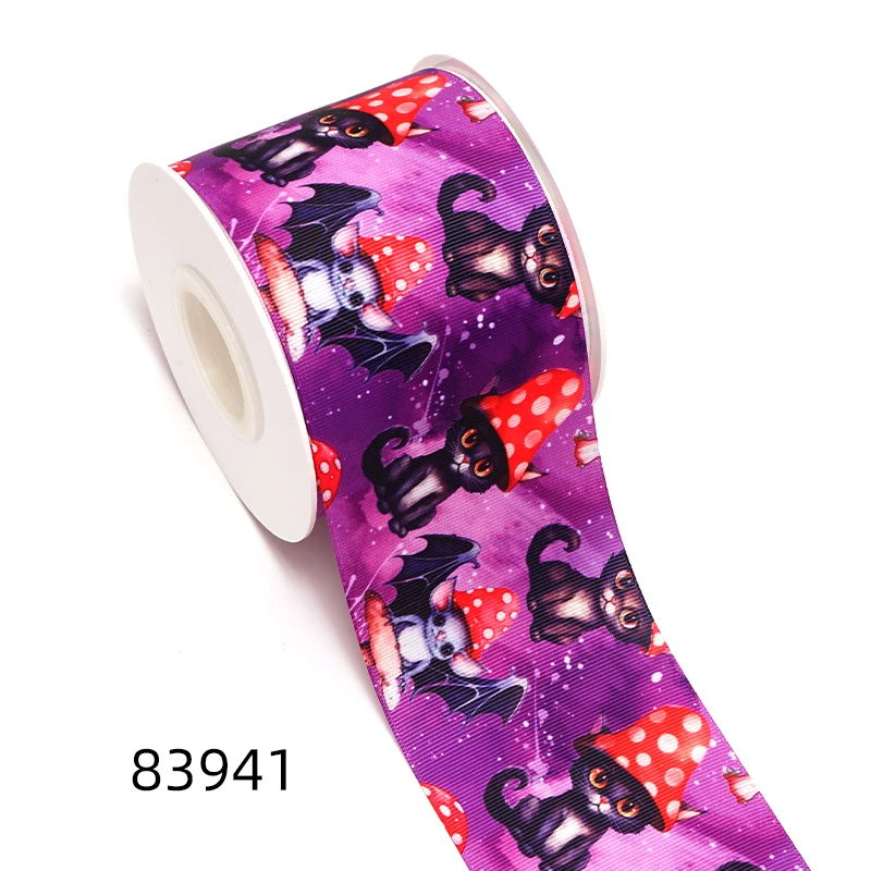 5 Yards Bat Black Cat Halloween Printed Grosgrain Satin Ribbons For Bows DIY Craft Decoration Packaging Supplies. 83544