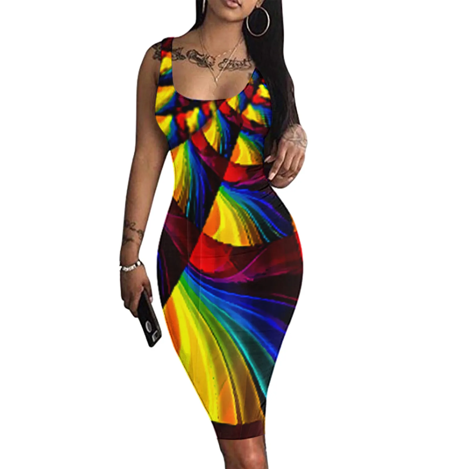 

Women Sexy Summer Dresses Elegant Print O Neck Sleeveless Tank Dress Close Fitting Club Beach Midi Dress