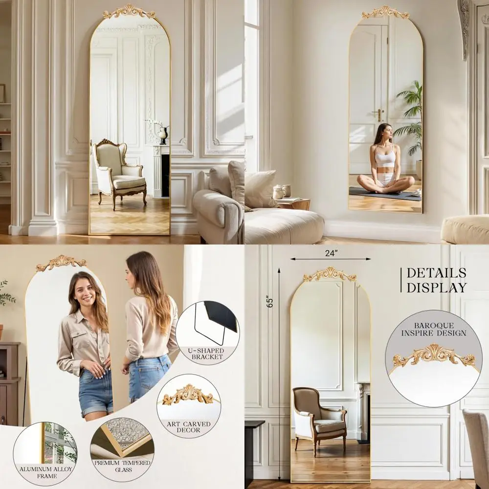 Antiker, großer, gewölbter Ganzkörperspiegel im Vintage-Barockstil, 65 x 24, freistehend, mit französischer Schnitzerei, elegante Heimdekoration