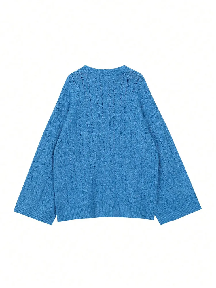 Maglione lavorato a maglia da donna intrecciato blu di nuova moda casual caldo O collo manica a sbuffo pullover allentato autunno inverno abbigliamento donna top