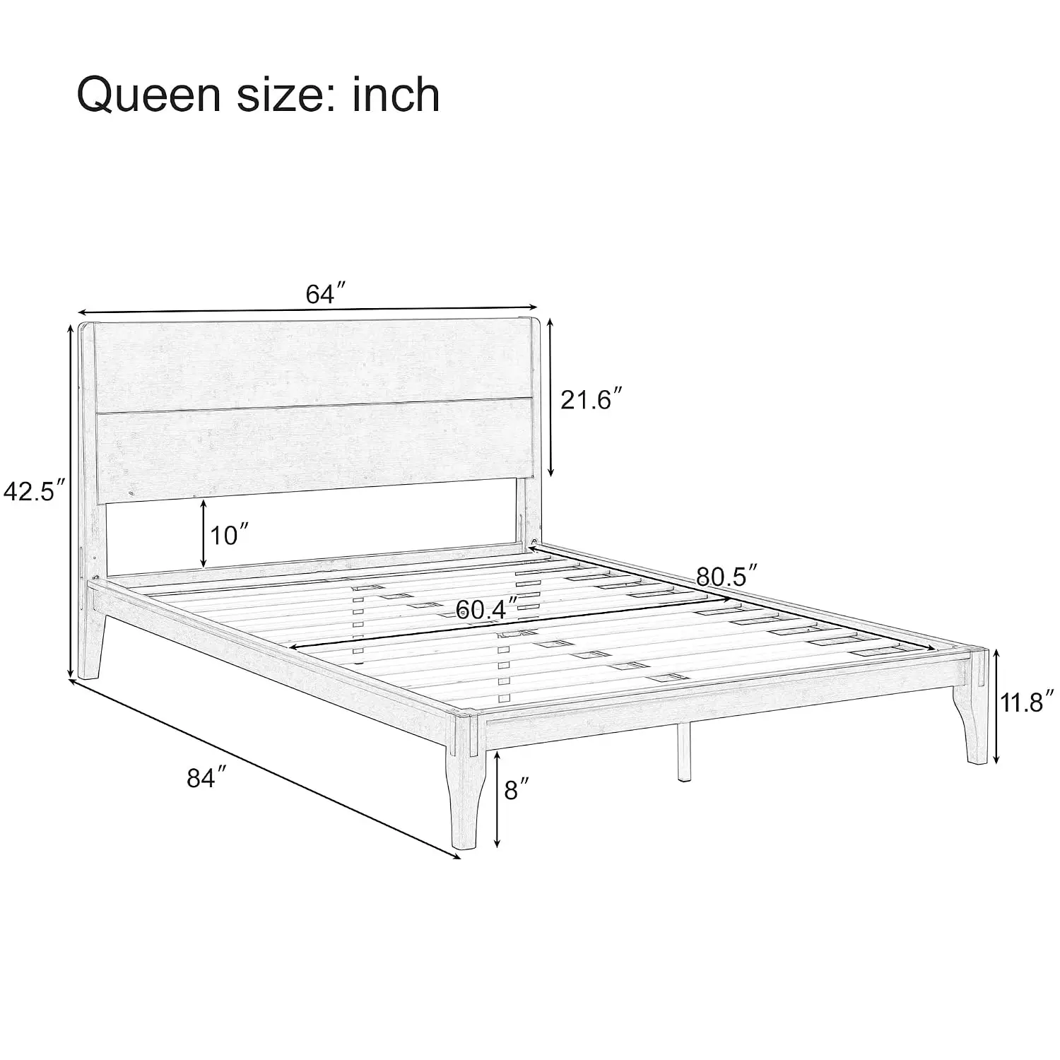 Queen Size Bamboo Platform Bed Frame with Tall Headboard, Brown | Mid-Century Modern Solid Bedframe Queen-Size,, Customized