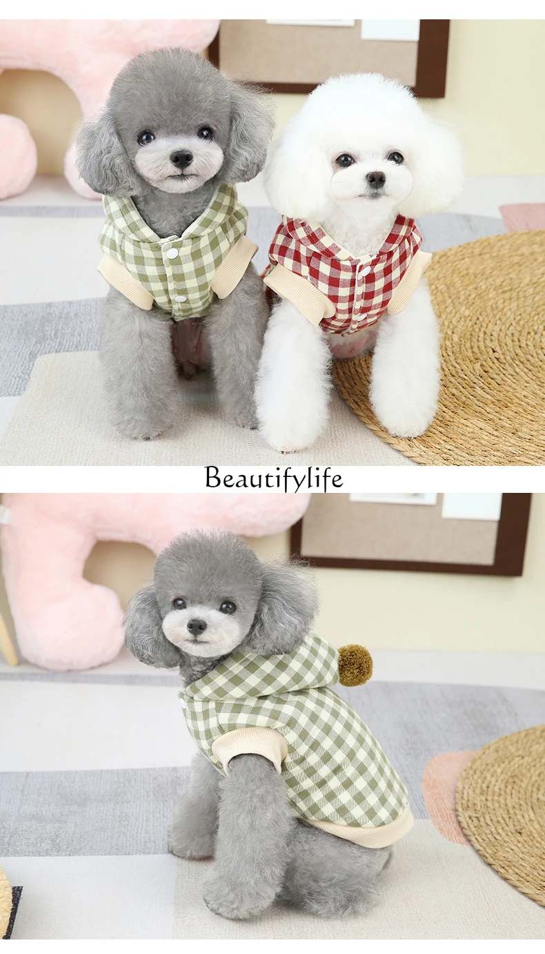 Puppy Dog Plaid Clothes Autumn and Winter Pet Fleece-Lined Hooded Cotton-Padded Clothes