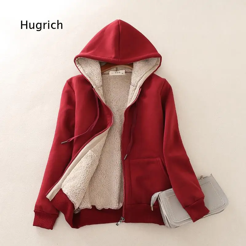 Women Lamb Fleece Lined Hooded Sweatshirt Solid Color Warm Thickened Zip Up Cardigan Jacket Plus Size Autumn Winter Outerwear