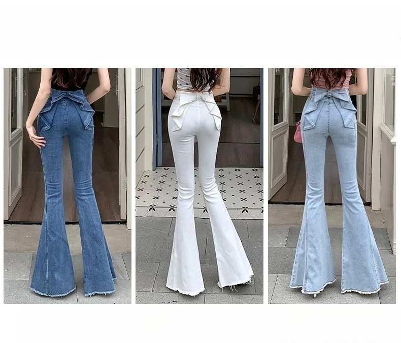 Bow Tie Jeans Women's American Vintage Three-dimensional Micro-large Summer Thin Pants New High-waisted Skinny Hip Flare Pants
