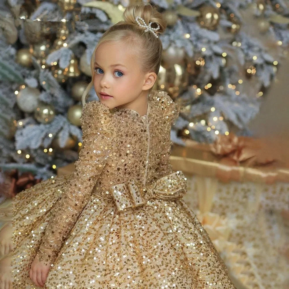 Children Clothing Baby Girl Puffy Gauze Dresses Birthday Elegant Princess Prom Dress for Kids Gold Sequin Long Sleeve Ball Gown