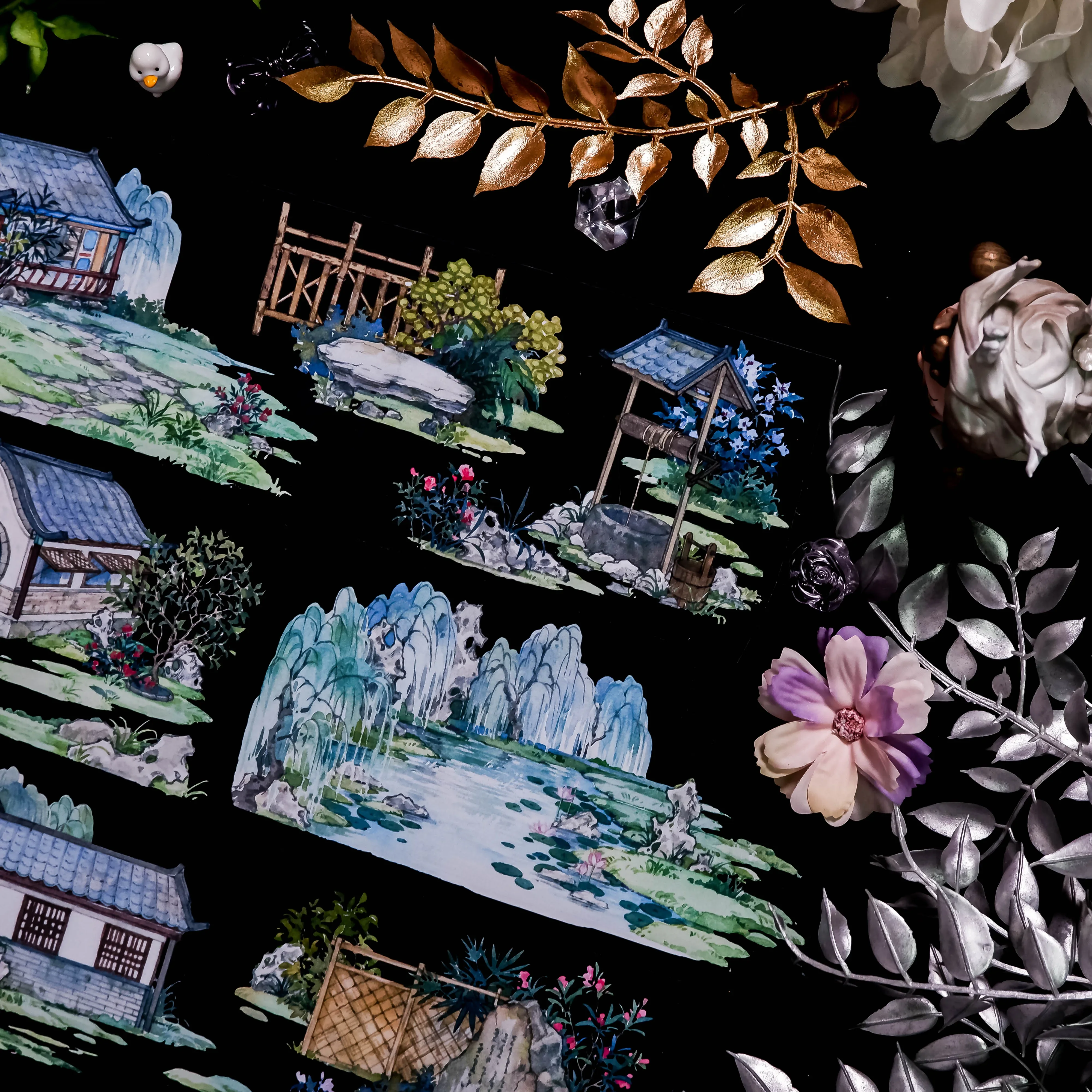 5M Roll Landscape Ancient Garden Chinese Washi Pet Tape Journal Decoration Courtyard Four Seasons,