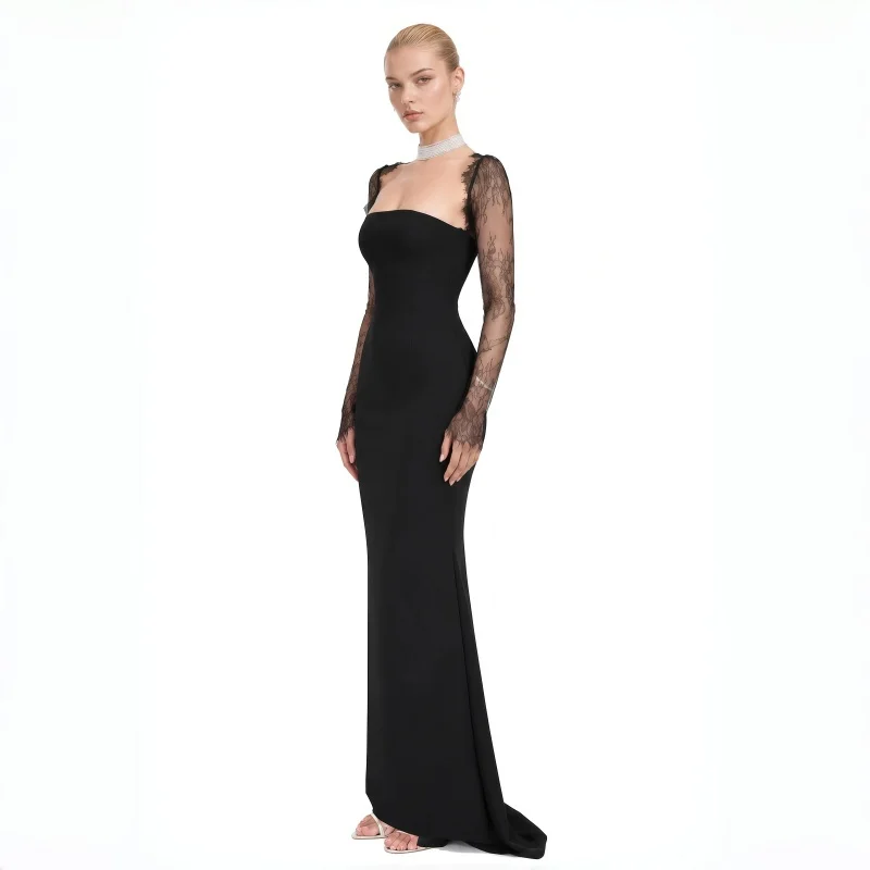 Customized Luxury Elegant Party Dresses For Wedding Woman Square Collar Black Embroidered Lace Fish Tail Ball Gowns Evening