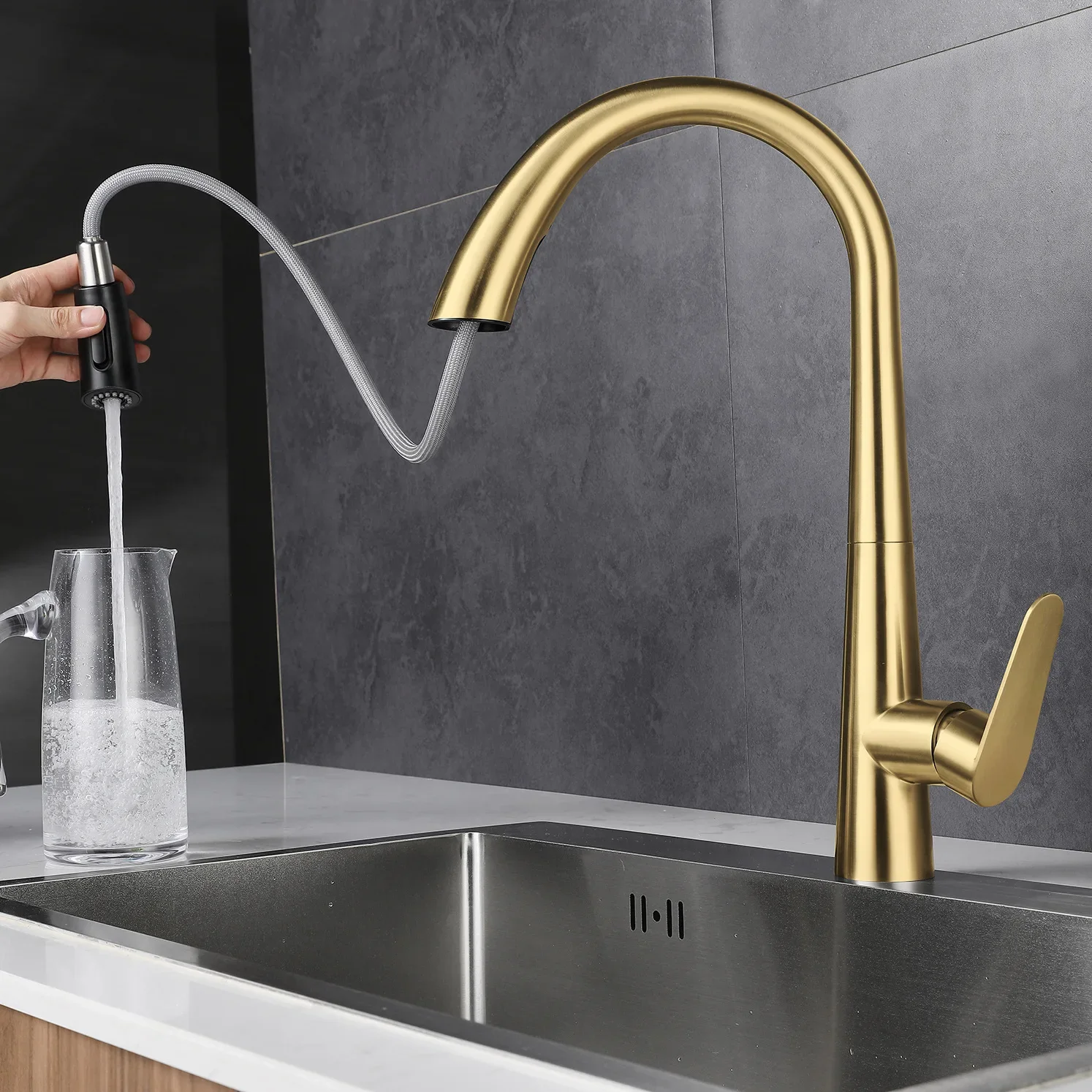 Brushed Gold 304 Stainless Steel Kitchen Pull-Out Tap Sink Vegetable Washing Basin Dishwashing Basin Telescopic Hot and Cold Tap
