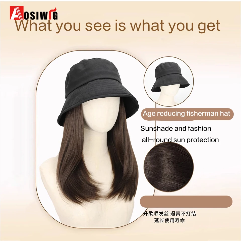 AOSI Synthetic Long Hair White Hat Wig Integrated style Long Straight Hair Fisherman Hat Summer Sunshade Hat Wig Women Hat WIg