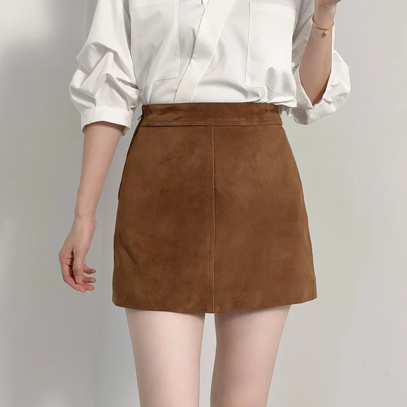

Супер текстурированная мини-юбка из натуральной кожи, весенне-осенняя женская мода в стиле Харадзюку, простые тонкие коричневые замшевые юбки с запахом на бедрах, тренд 2025