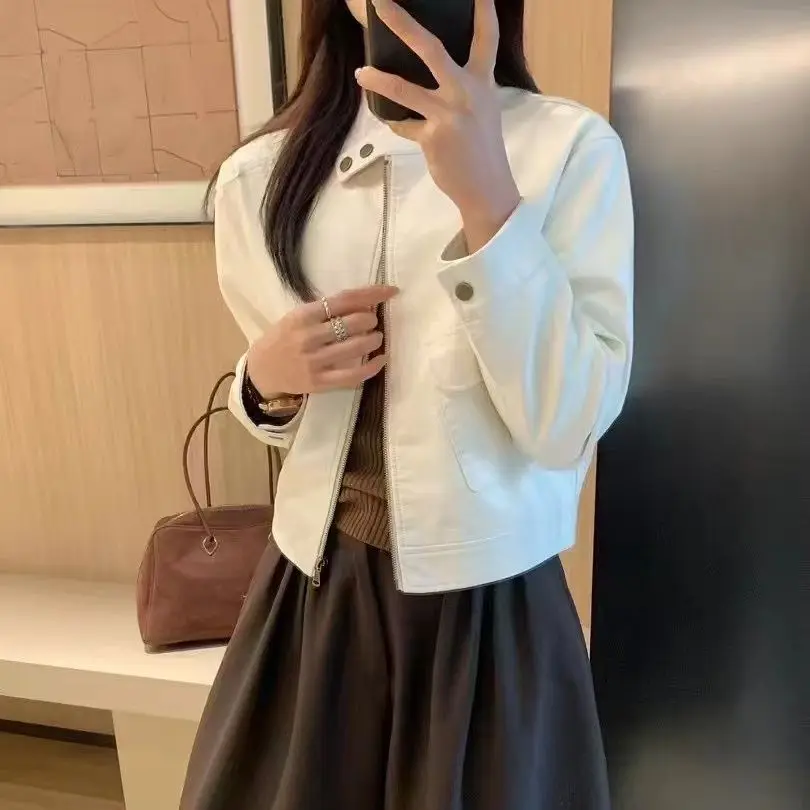 

Off White Pu Leather Short Jacket For Women's Spring And Autumn New Style Retro Fashion Stand Up Collar Jacket Jacket