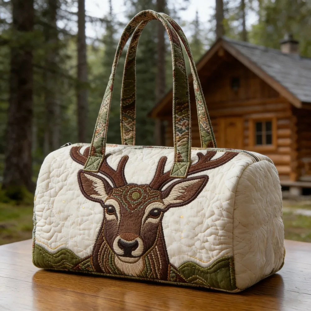 

Винтажная стеганая сумка-тоут с оленьим принтом в лесном стиле, повседневная сумка на плечо на молнии, идеально подходит для ежедневных поездок и путешествий на природу