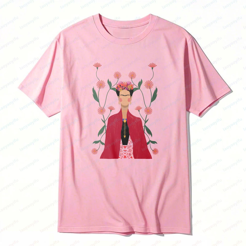 Bohemian Style Frida Kahlo Floral Portrait Artistic Shirt Floral Elements Unisex Cotton T-Shirt Fashion Casual Summer Cotton Tee view 4