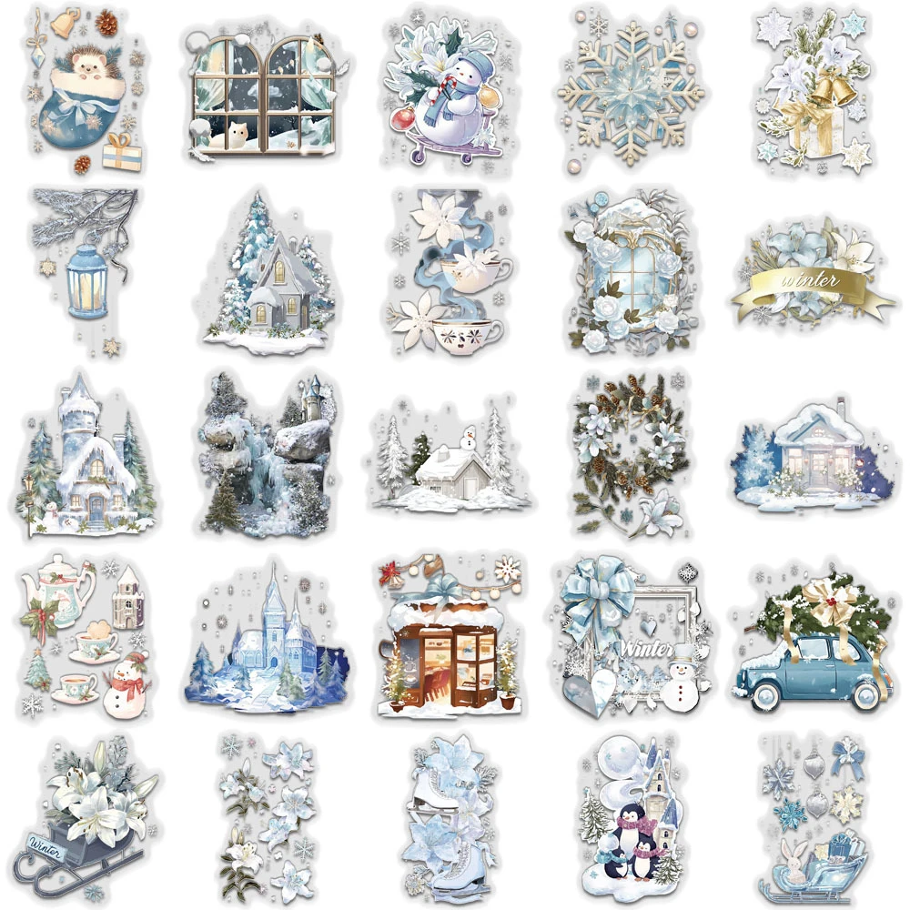 10/30/50pcs 귀여운 만화 겨울 테마 스티커 투명 빈티지 미적 낙서 데칼 수하물 노트북 전화 스티커 장난감