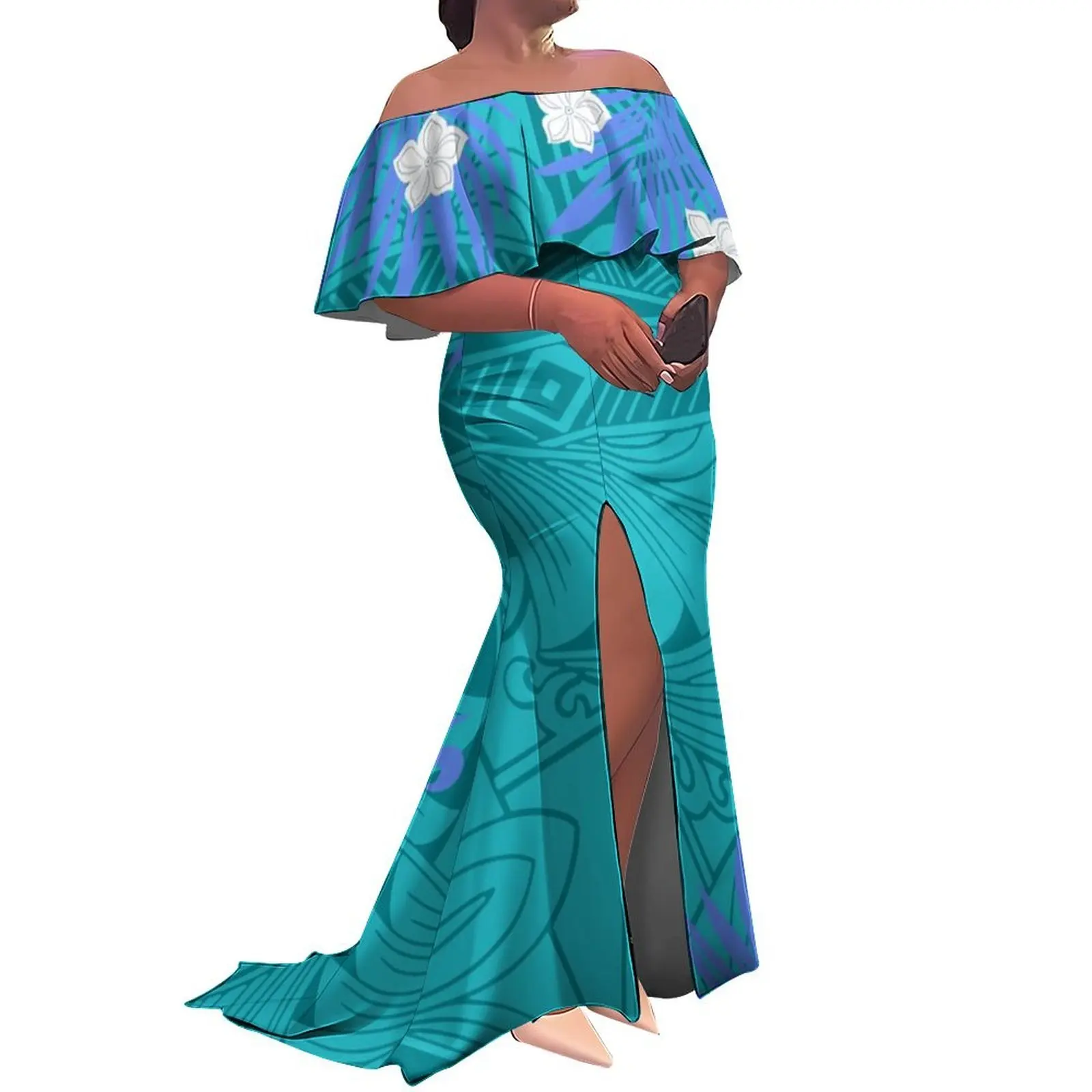 Floral Print Polynesian Pacific Island Style Women'S One-Shoulder Slim Slit Long Dress, Festival Party Floor-Length Dress