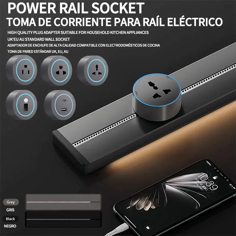 

US UN/USB Type-C Wall power rail socket, kitchen aluminum expansion socket 40cm 50cm, built-in socket on countertopus