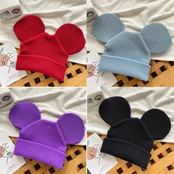 Disney Big Ears Mickey Knitted Cap Women Solid Colors Cute Minnie Warm Bonnet Hats Girl Fashion Casual Cartoon Beanie Kid Gift