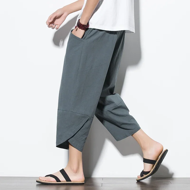 Hot sales Summer Shorts Mens Chinese Style Cotton Linen Harem Pants Men Breathable Beach Casual Calf-Lenght Trousers Comfortable