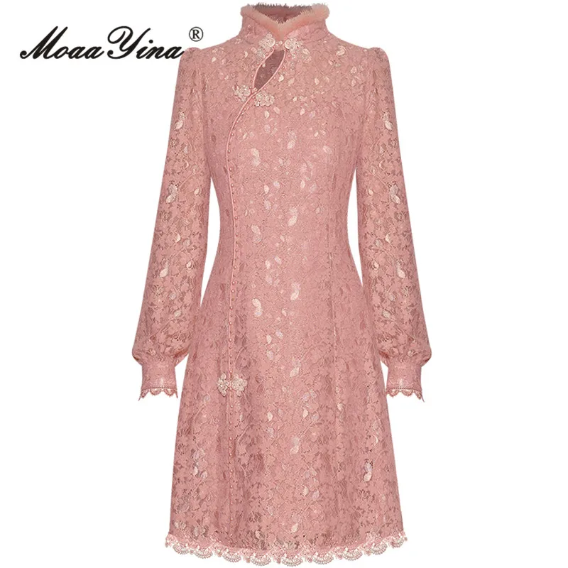 

MoaaYina Autumn Fashion Designer Pink Vintage Lace Dress Women Stand Collar Hollow Out Beading Button High Waist Slim Mini Dress