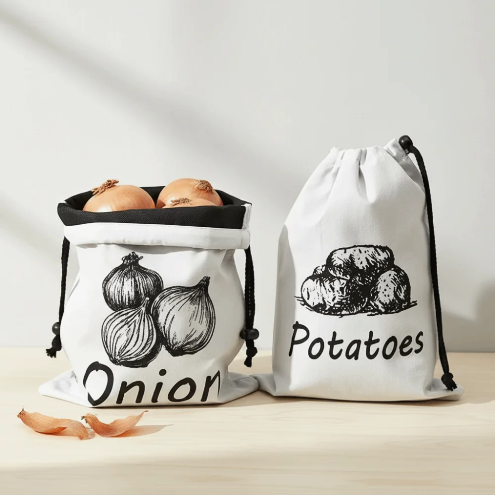 Drawstring Design Onion Potatoes Storage Bag with Side Zipper Canvas Vegetable Storage Bag Breathable Light-Blocking