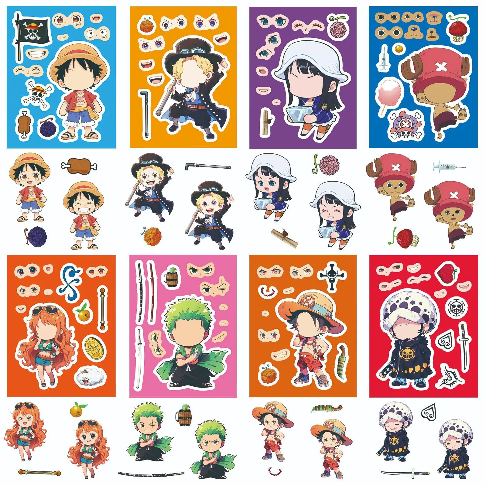 8/16 Lenzuola Cute Anime One Piece Make a Face Puzzle Adesivi Per Bambini FAI DA TE Cartoon Decalcomanie Decorazione Per Bambini FAI DA TE Assemblare Puzzle Giocattolo Regalo