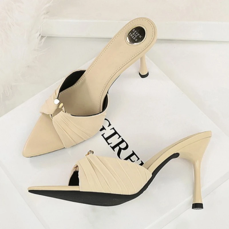 BIGTREE Summer Elegant Metal Buckle Thin Heel Slippers Fashion Open Toed Women's Shoes Pointed Wrinkle Sandals view 3
