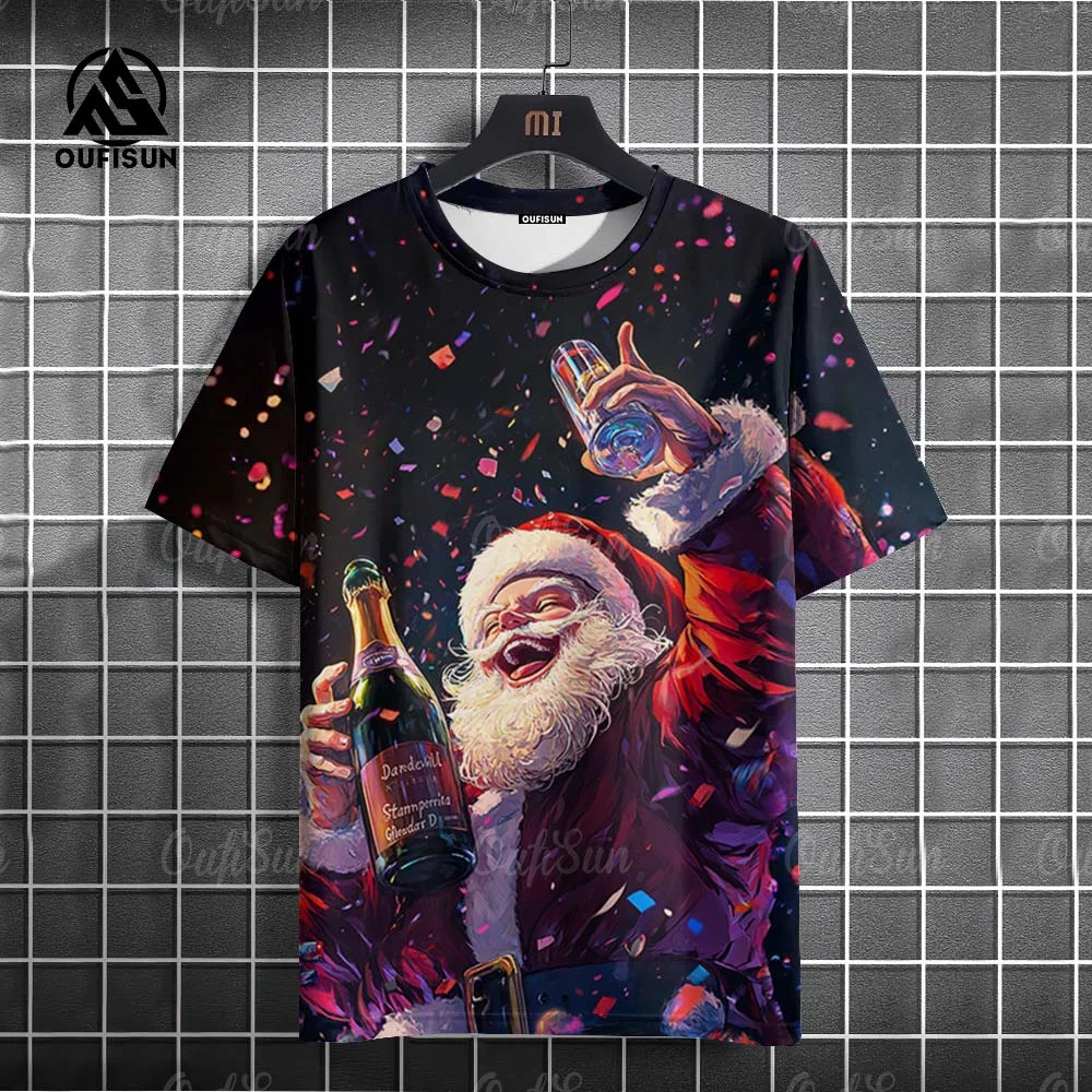 Hip Hop Santa Printed T-Shirt Holiday Party Christmas Tree Unisex Short Sleeve Creative Funny O Collar Casual New Year Gift Top