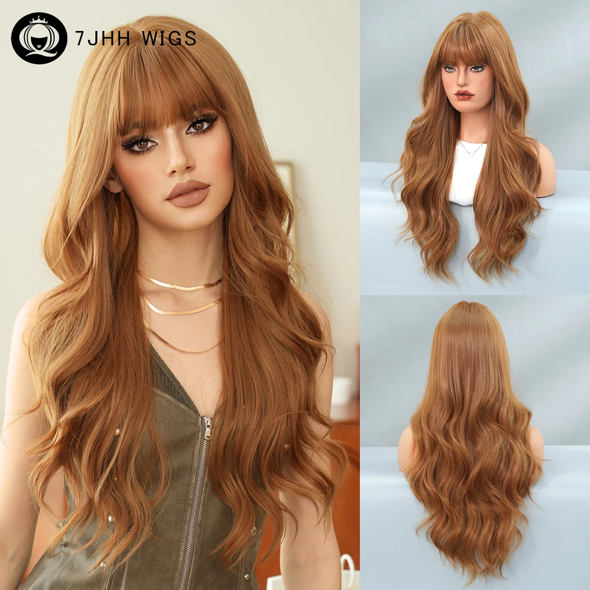 7JHH WIGS Long Body Wave Golden Brown Wig for Women Synthetic Heat-Resistant Modest Fashion Wear and Go Wigs with Neat Bangs