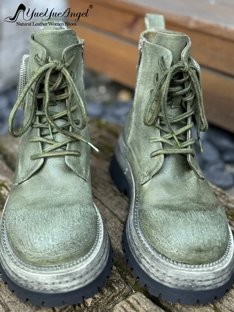 

Ботильоны на платформе с круглым носком и застежкой-молнией в британском стиле ретро, однотонная женская модная обувь из конской кожи с перекрестной завязкой