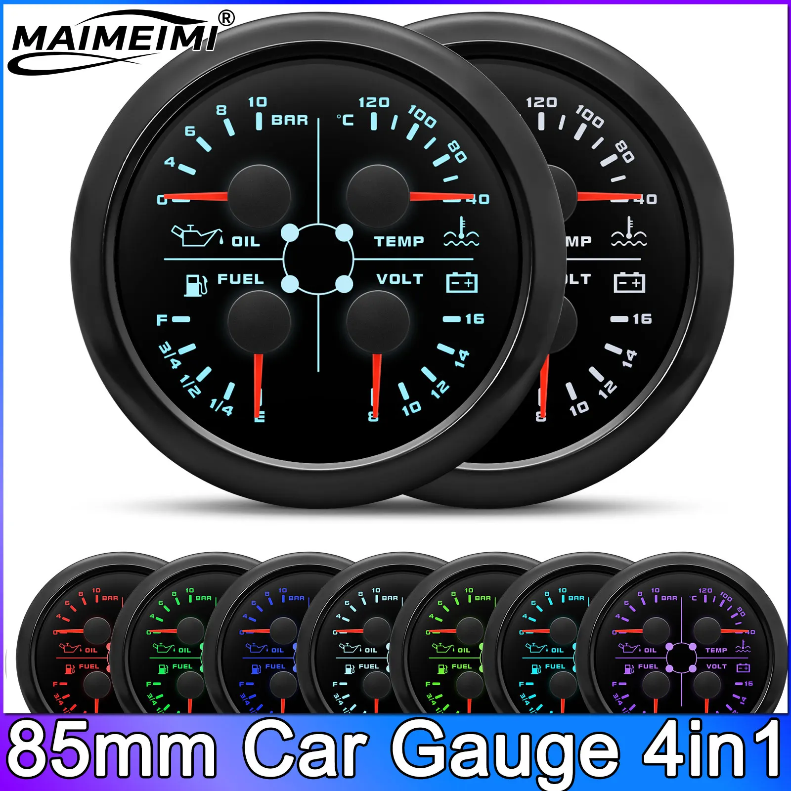 

7-цветная подсветка 85 мм 4 в 1, измеритель температуры воды, уровень топлива + вольт + пресс для масла для морской лодки, автомобиля, многофункциональный датчик с сигнализацией