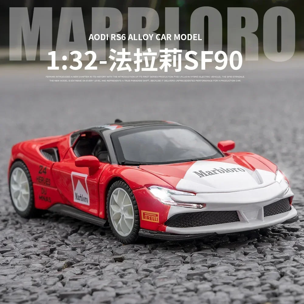 

1:32 Ferrari SF90 sports car Diecast Metal Alloy Model car Sound Light Pull Back With acrylic box Collection Kids Toy Gifts