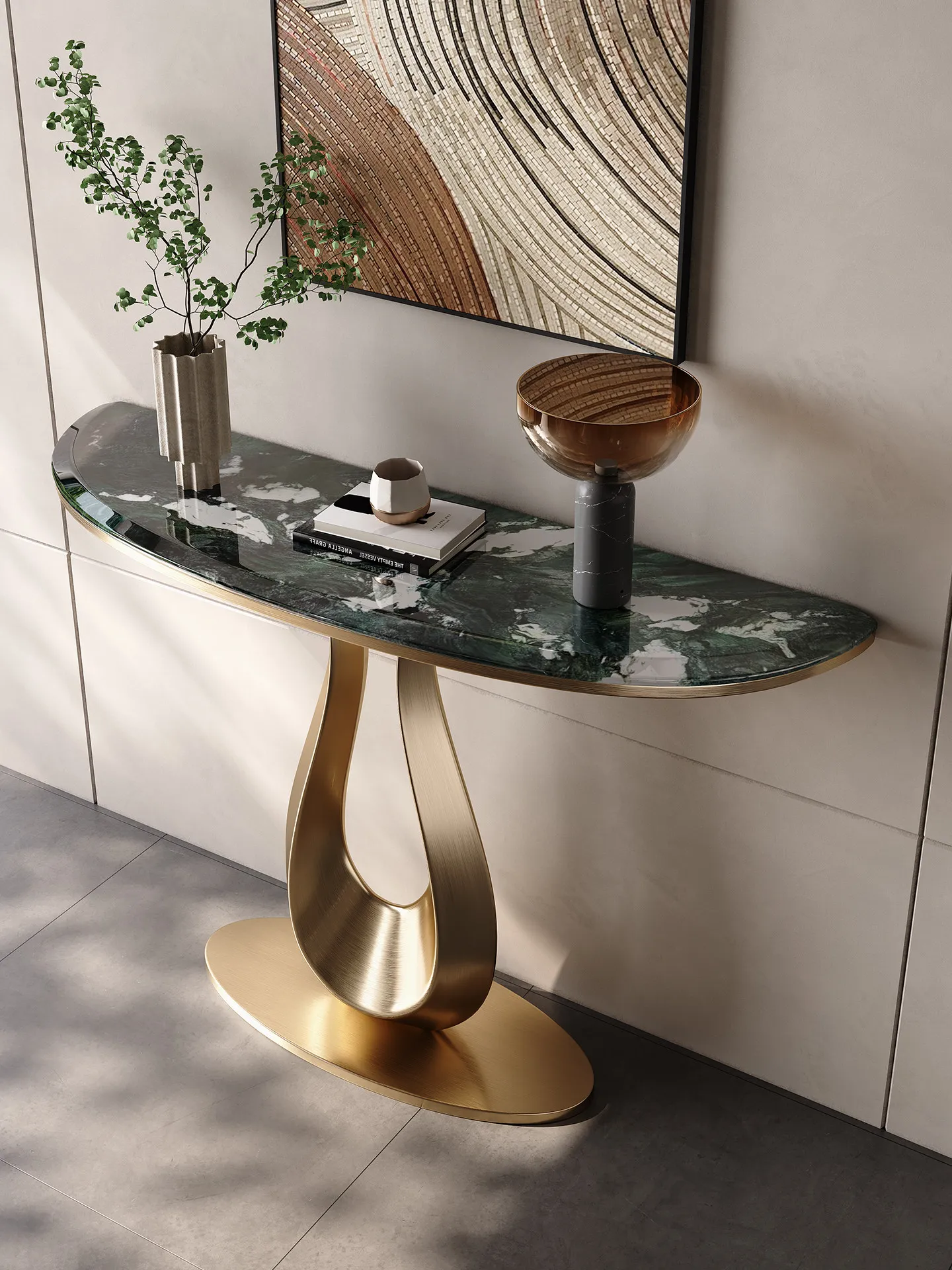 Art entrance table Pure natural luxury stone model house corridor aisle Half moon very narrow wall decorative table