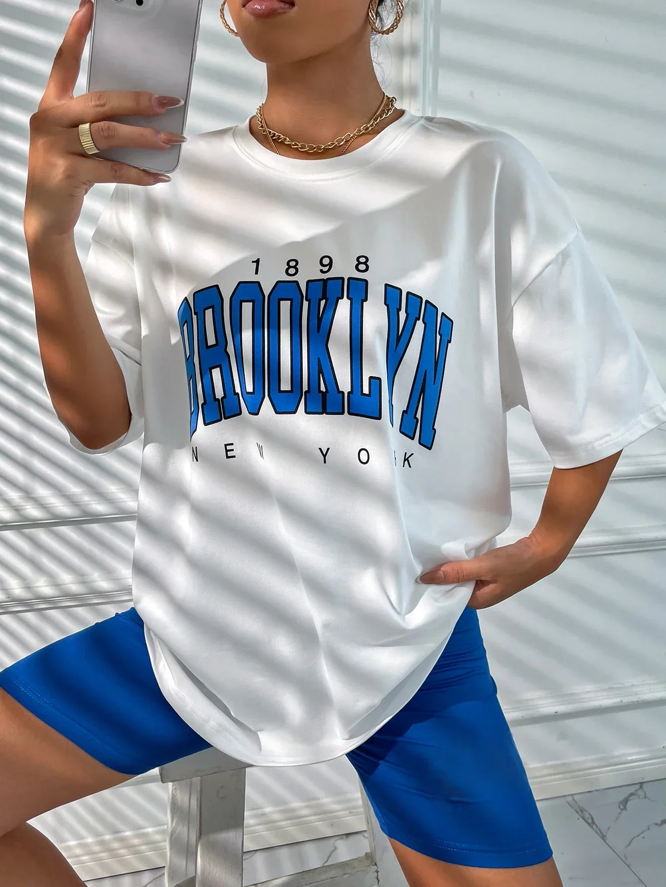 

Vintage 1898 Brooklyn York Letter Drop Women T-Shirt Shoulder Print Oversized T Shirt Y2K Top Simple Clothes Female Tshirt