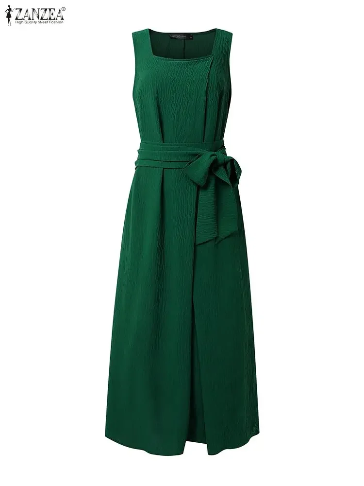 ZANZEA Langes Hemd Kleid Mode Frauen Ärmelloses Maxi Party Sommerkleid Quadrat Kragen Solide Belted Plissee Elegante Vestido Oversize