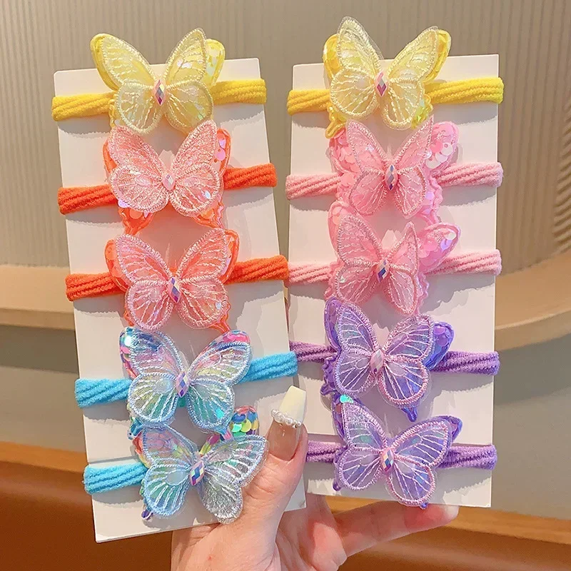 Korean Style Sequin Girl Butterfly Hair Loop Hair Rope Does Not Harm Hair, Cute Towel Loop High Ponytail Headwear (2 Pcs)