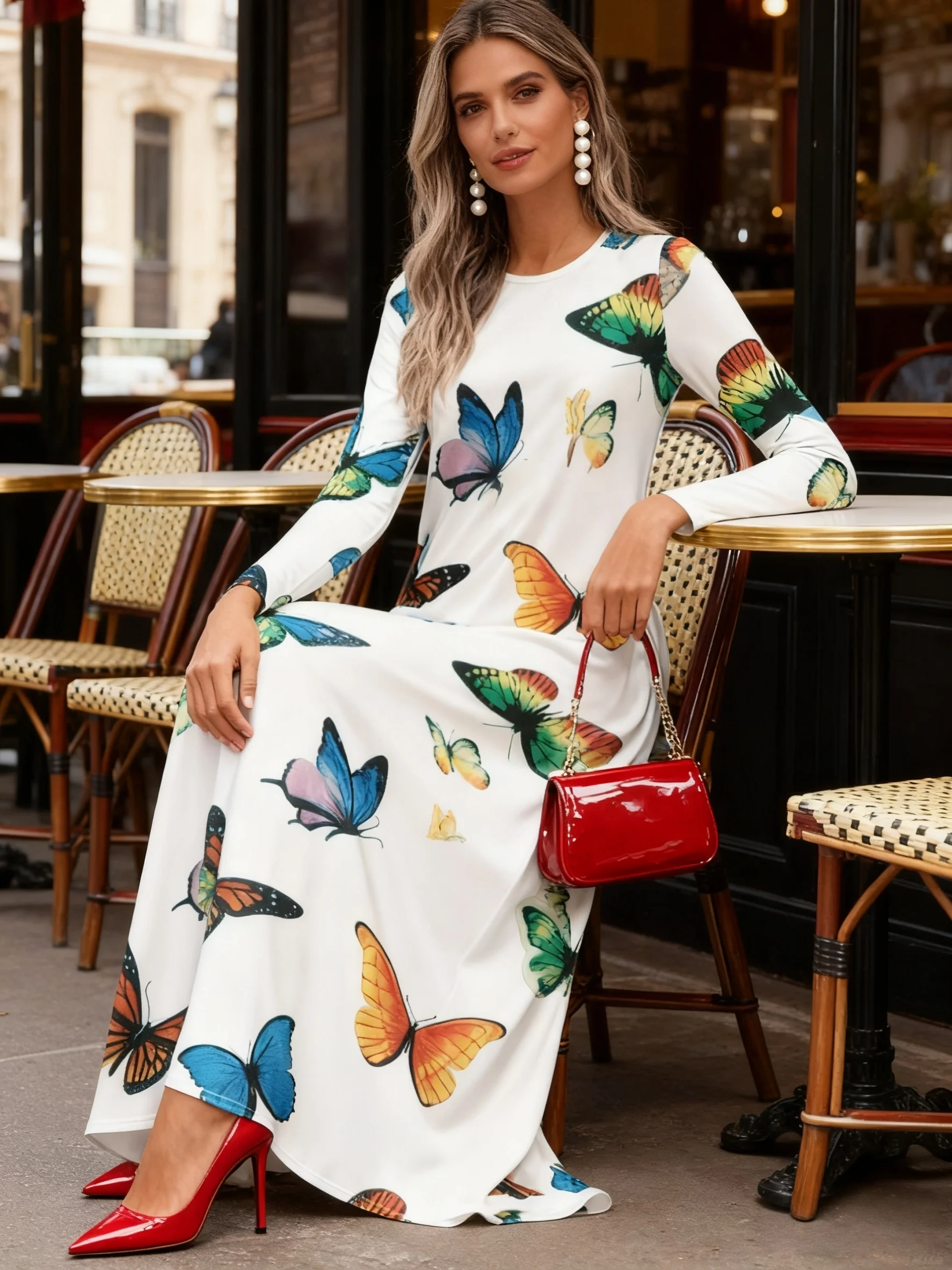 Damen-Kleid mit langen Ärmeln und Rundhalsausschnitt, lässiges Sommer- und Urlaubskleid, fließendes A-Linien-Midikleid für Damen, bequem, dehnbar