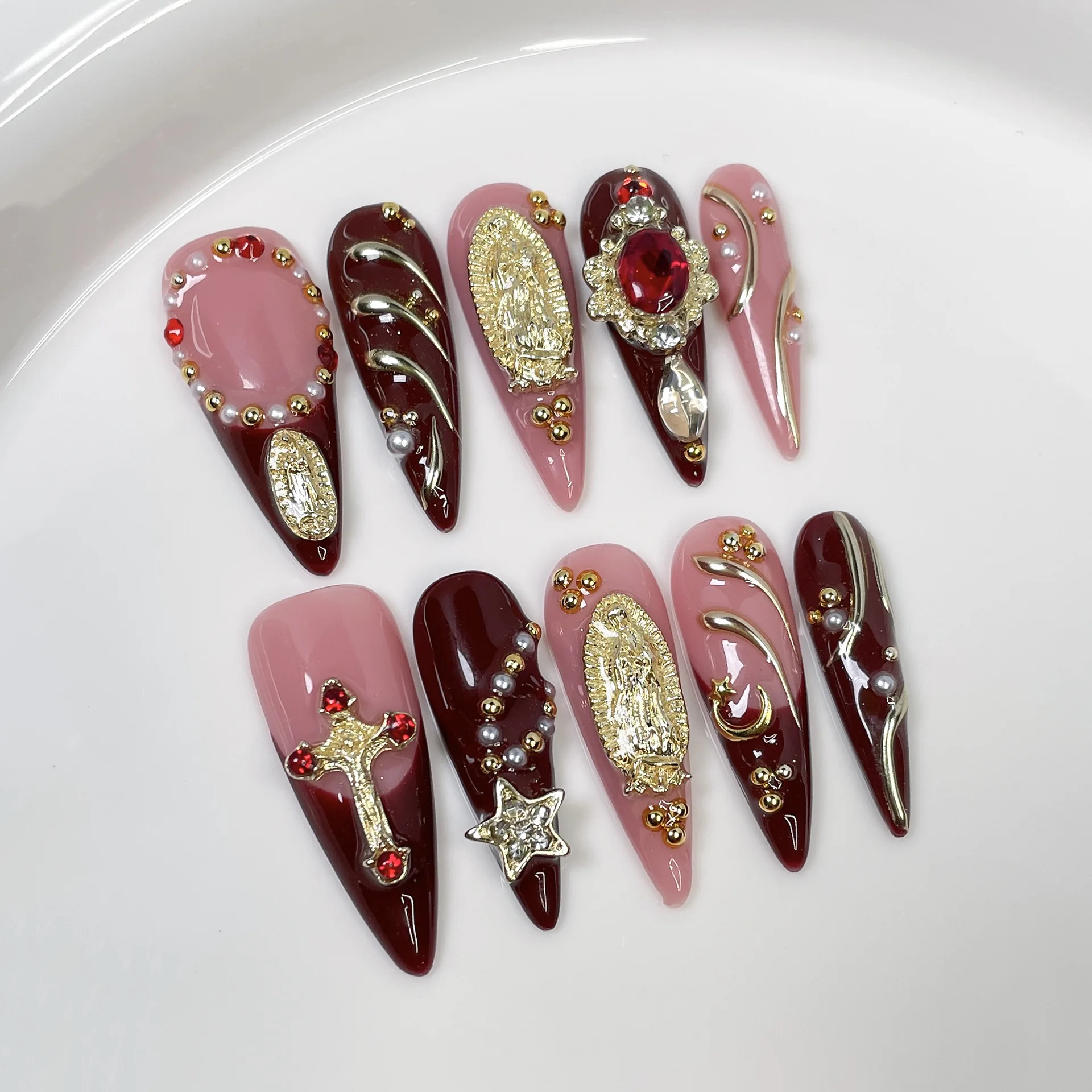 10 Uds. De puntas de uñas postizas hechas a mano de aguja larga, Metal de serpiente Vintage decorativo, especias francesas, uñas acrílicas, cobertura completa, prensa en las uñas