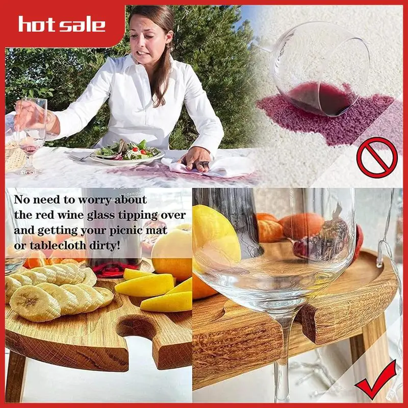 A57M-Wooden Folding Picnic Table With Wine Glass Holder - Portable Creative 2 In 1 Wine Glass Rack & Compartmental Dish