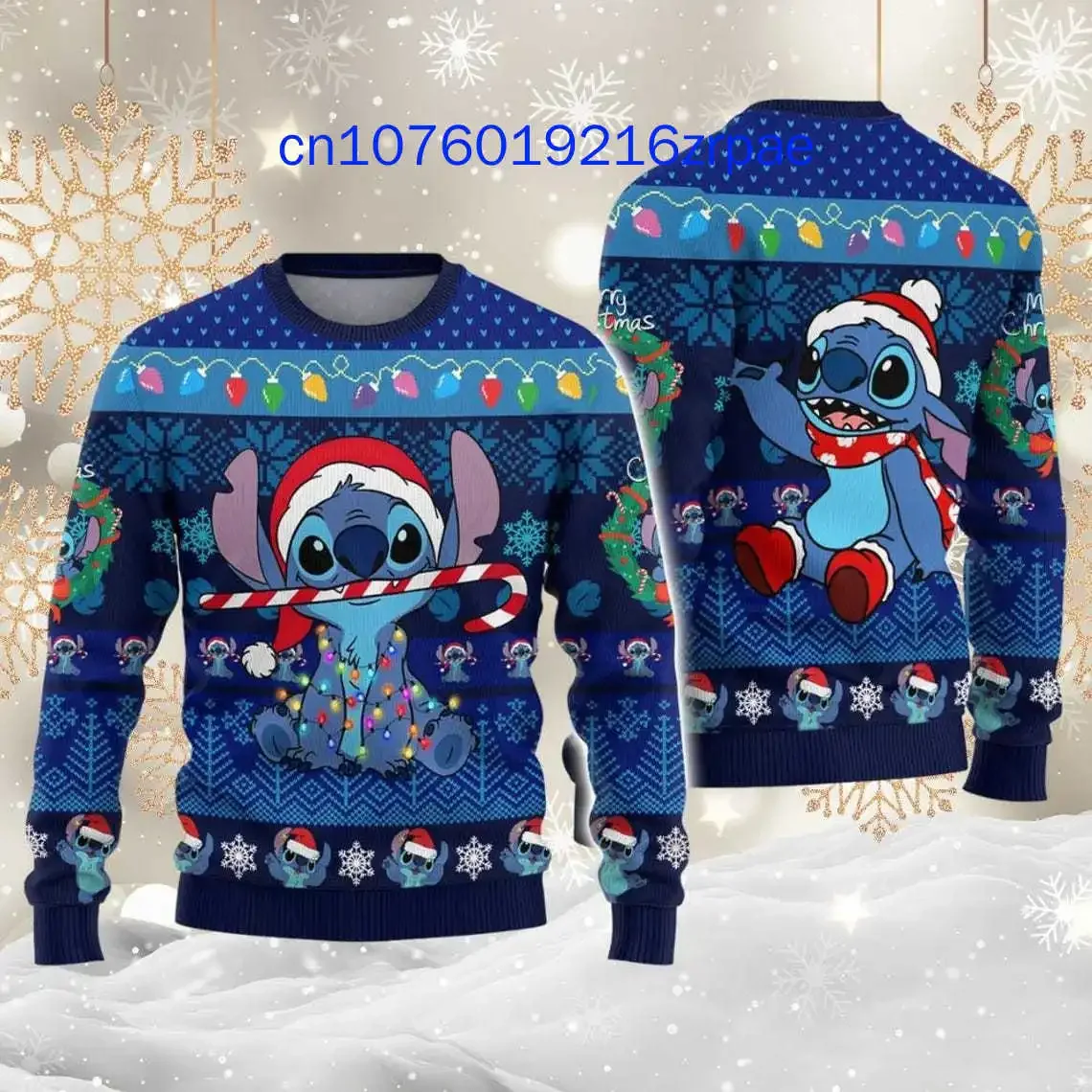 2024 New Disney Stitch Christmas Sweater Men\'s And Women\'s Round Neck Printed Pullover Long Sleeves Thick Style Sweatshirt