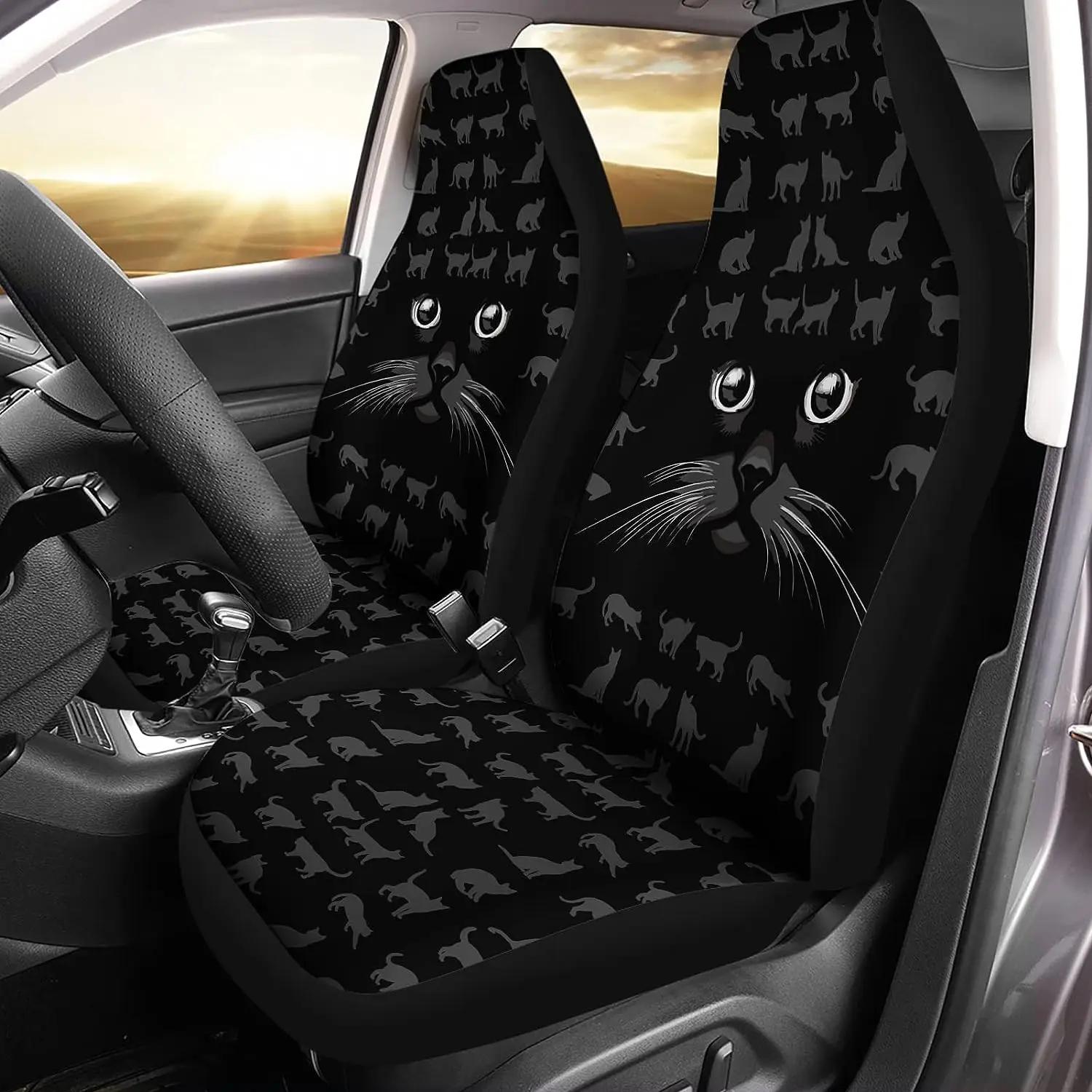 Pokrowiec na fotel samochodowy Universe Cartoon Black Cats Akcesoria samochodowe dla mężczyzn i kobiet Zestaw 2 sztuk Uniwersalne ochronne wnętrze samochodowe