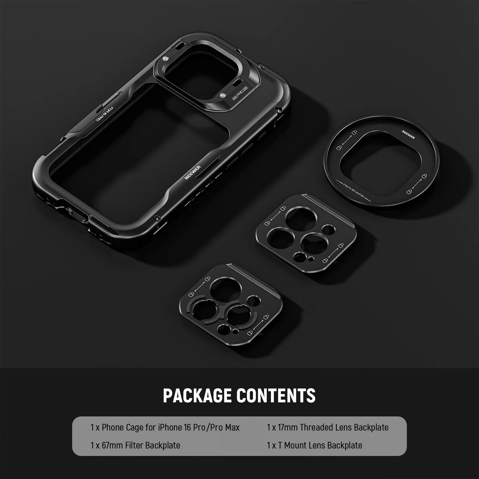 NEEWER Funda tipo jaula para teléfono con placa base de lente de 17 mm y adaptador de filtro de 67 mm para iPhone 16 Pro/ 16 Pro Max PA073/PA074