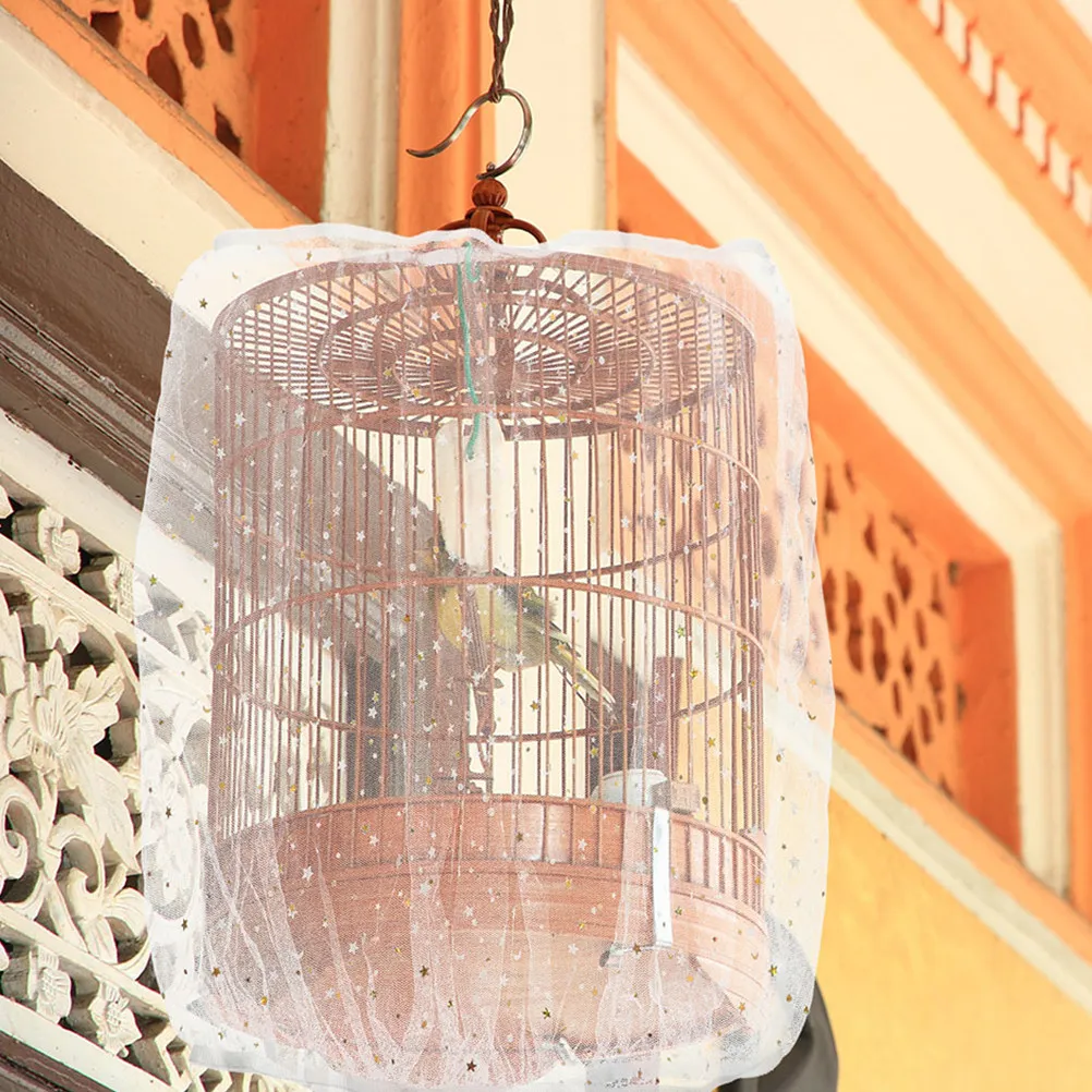 Universal Bird Cage Cover Polyester Mesh Star Moon Pattern Adjustable Stretchy Skirt for Parrot Cage Night Protection Debris