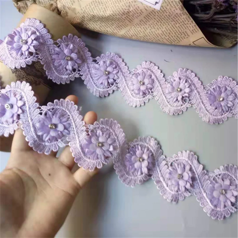 20pcs/lot Purple Cotton Pearl Flowers Leaf Embroidered Lace Trim Ribbon Fabric Sewing Supplies Craft For Garment Hat Decoration